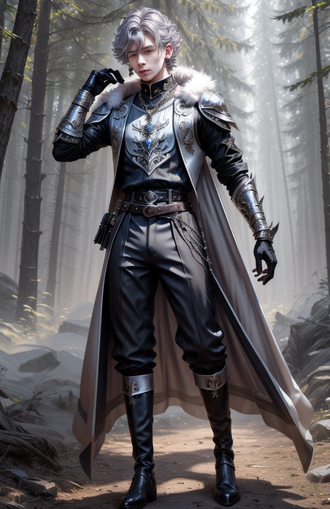 8k, wolf prince,   ((masterpiece)).((best quality:1.2)),  sharp focus, full body, head to toe, 1 young man, 22 years old, youthful appearance, male focus, dynamic pose,  silver colored hair, curly hair, EYESHD,  small testicle bulge, Nora outfit fur accents, Nora outfit bead necklaces, Nora outfit pants, Nora outfit hip quiver, Nora outfit leg guards, Nora outfit arm braces, Nora outfit belt with pouches, and Nora outfit fur boots,   defined body, thin waist, looking at camera, armor,  detailed background a wooded clearing, a pet wolf standing nest to him,(absurdres) , <lora:more_details:0.5>, <lora:wrenchftmfshn>,<lora:add-detailxl:0.8>, <lora:Eyes_High_Definition-000007>, , <lora:lightup_brightness_v200:1>, <lora:Nora:1>
