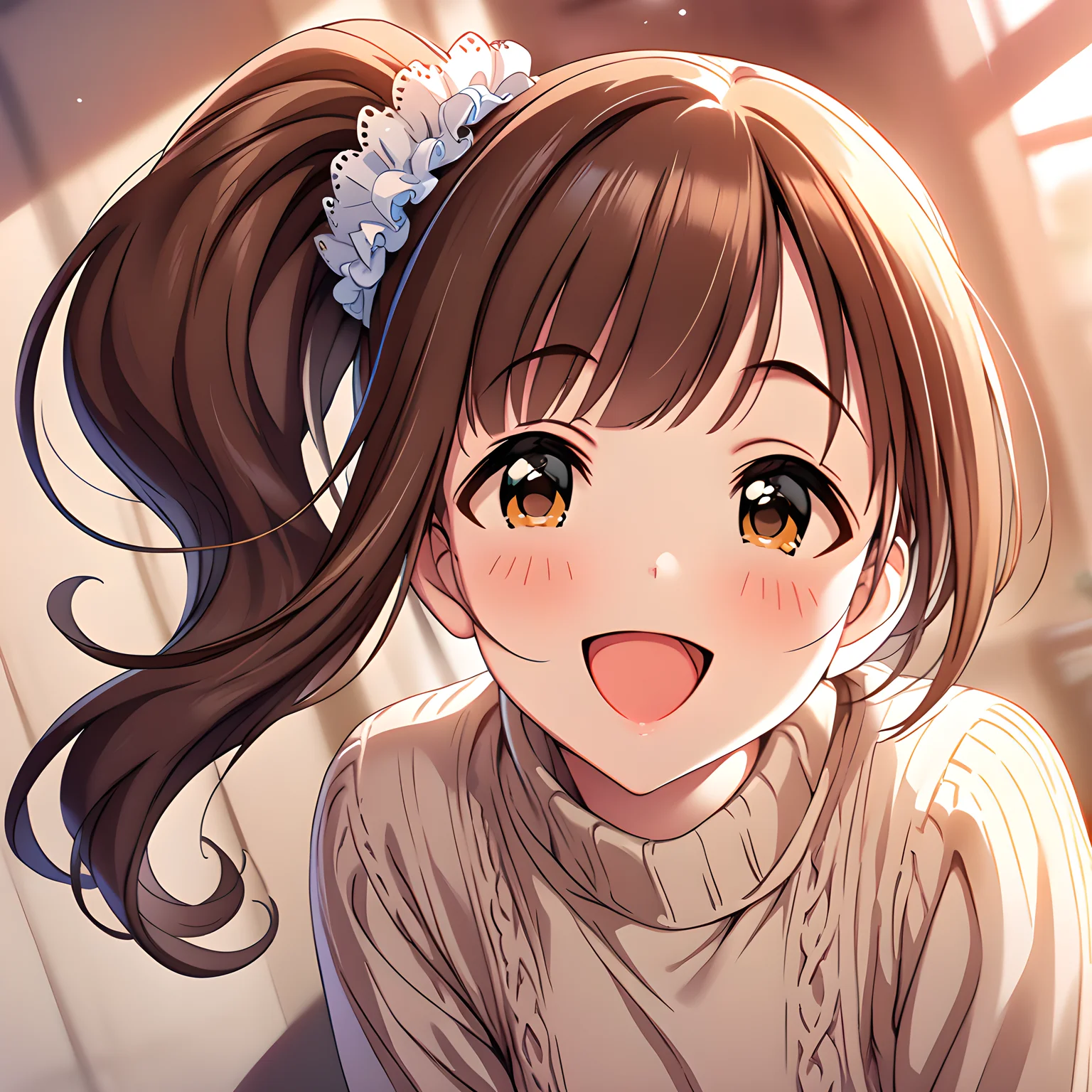 (masterpiece),(best quality),(ultra-detailed),(best illustration),(best shadow),(absurdres),(detailed background),(very aesthetic)kyoko igarashi, 1girl, brown hair, smile, open mouth, side ponytail, solo, blush, scrunchie, bangs, :d, sweater, <lora:Kyoko_Igarashi__äºååµé¿å_-_The_Idolmster_Cinderella_Girls__ã¢ã¤ãã«ãã¹ã¿ã¼ã·ã³ãã¬ã©ã¬ã¼ã«ãº_SDXL_Animagine_XL_3.1:1>