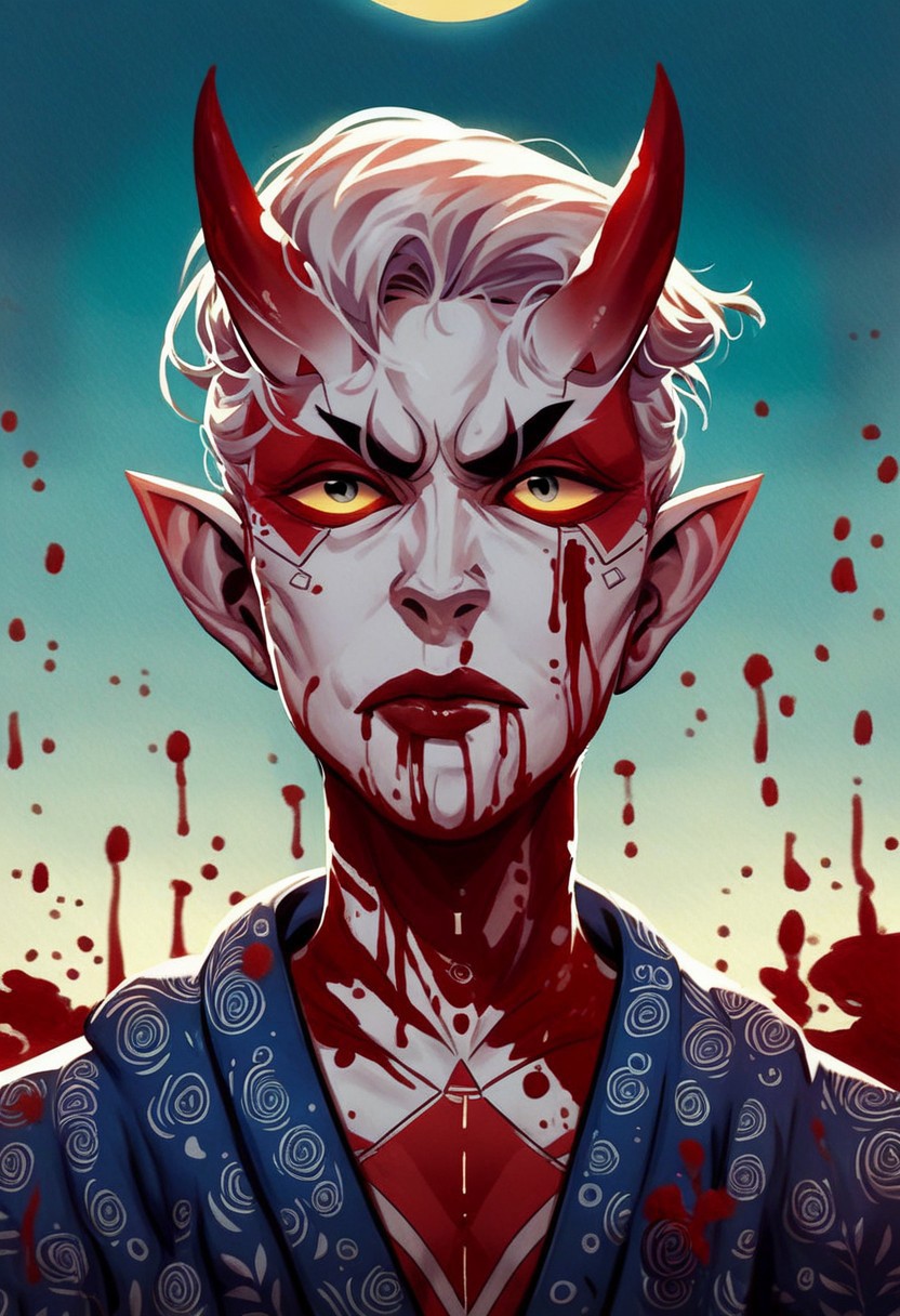 JDStyle,
, score_9, score_8_up, score_7_up, cinematic photo, porcelain white skin, blood dripping from lips, blood dripping down chest, blood red triple demon horns, white hair, dramatic lighting, dynamic pose, oni woman in kimono, cyberpunk, yellow_sun, teal background