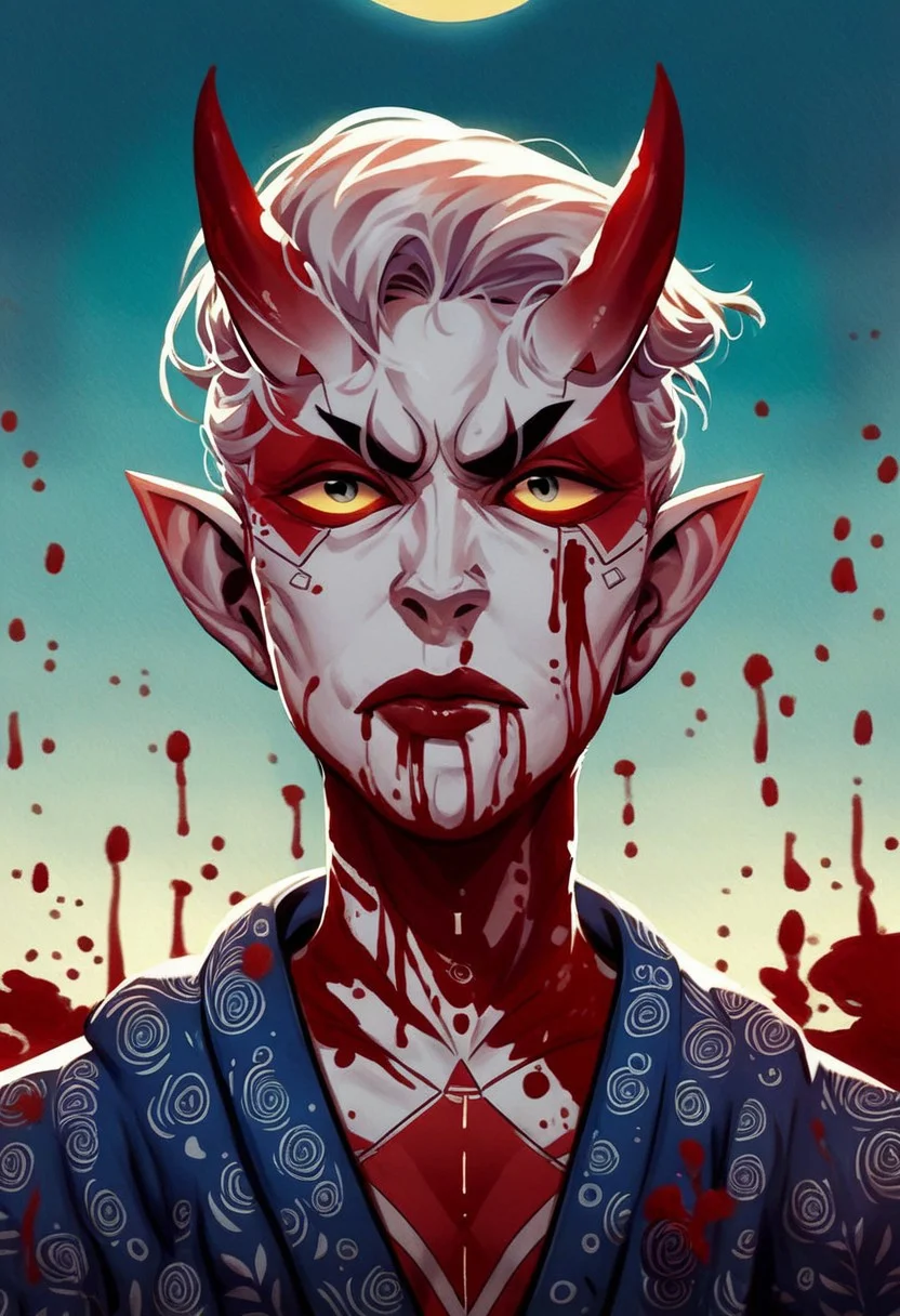JDStyle,
, score_9, score_8_up, score_7_up, cinematic photo, porcelain white skin, blood dripping from lips, blood dripping down chest, blood red triple demon horns, white hair, dramatic lighting, dynamic pose, oni woman in kimono, cyberpunk, yellow_sun, teal background