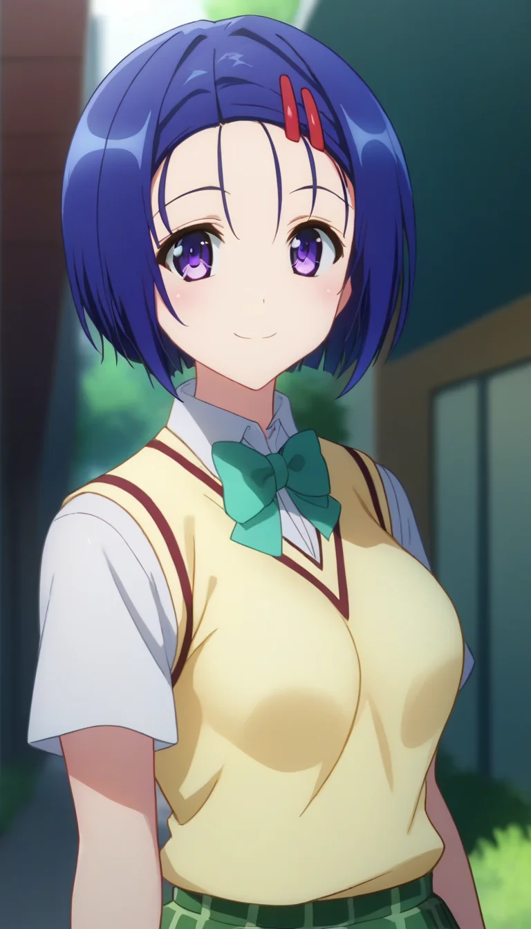 score_9,score_8_up,score_7_up,score_6_up BREAK official art,solo,outdoors,upper body,(portrait:1.5),looking at viewer,facing viewer,smile,blush,Sairenji Haruna,short hair,blue hair,hair ornament,hairclip,forehead,purple eyes,school uniform,sweater vest,yellow vest,white shirt,collared shirt,green bowtie,short sleeves,medium breasts,miniskirt,green skirt,plaid skirt,pleated skirt,black socks,loafers,<lora:Sairenji Haruna(tlr)-Pony:1.8>,