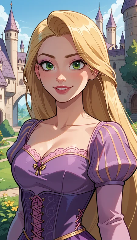 score_9, score_8_up, score_7_up, Western Comics, Portrait, Rapunzel, cute, seductive, innocent, light smile:0.3, plump lips, slender body, long blonde hair, green eyes, cinematic light, purple dress, happy, medieval castle background, depth of field, dynamic angle, fashion photography, sharp, hyperdetailed:1.15