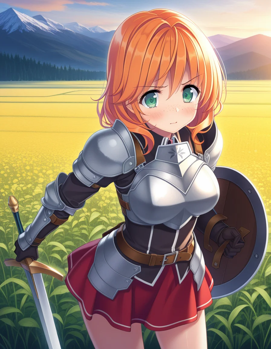 (yamakaze ran), <lora:1_illu_yamakaze_ran_10e:1>, 1girl, armor, sword and shield, skirt, freckles, orange hair, medium hair, green eyes, field, mountains, (masterpiece, best quality, amazing quality),