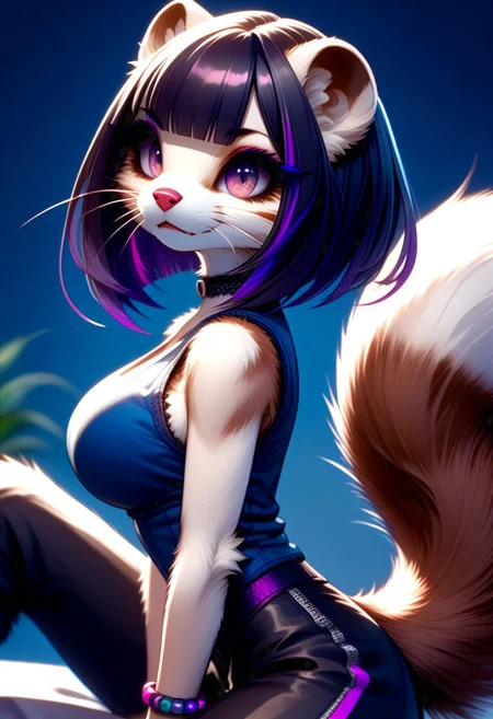 score_9, score_8_up, score_7_up, FMW1, (fluffy, painterly, vibrant details:1.5), (view from the side:2), source_furry, slender, slim, fit, WSG02, weasel girl, furry weasel, weasel ears, weasel tail, paws, sitting, (black hair, short hair, blunt bob cut, (blunt bangs:1.5), (violet highlights:1.6)), (gradient eyes:1.4), large breasts, choker, bracelets, sleeveless, blue vest, zipper, black pants
