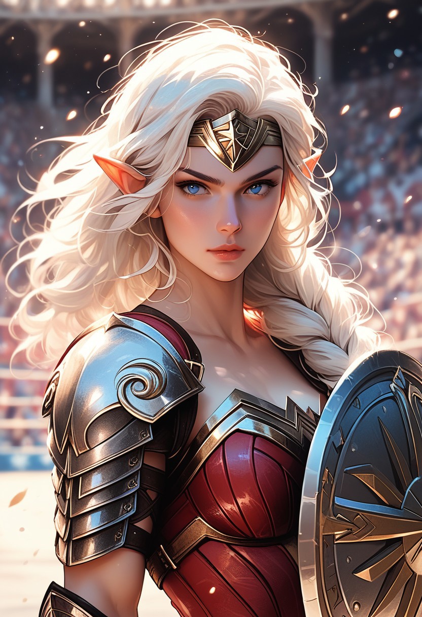 (score_9, score_8_up), score_7_up, solo, mythp0rt, half body shot, 1female, beautiful, wonder woman armor, pointy elf ears, white hair, long hair, bangs, fair skin, leather armor, sword and shield, in a dynamic amazon warrior fighting stance, gladiator ring, dappled sunlight, upper body, looking at viewer, shine, shine of steel.