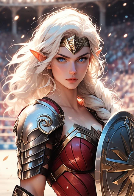 (score_9, score_8_up), score_7_up, solo, mythp0rt, half body shot, 1female, beautiful, wonder woman armor, pointy elf ears, white hair, long hair, bangs, fair skin, leather armor, sword and shield, in a dynamic amazon warrior fighting stance, gladiator ring, dappled sunlight, upper body, looking at viewer, shine, shine of steel.