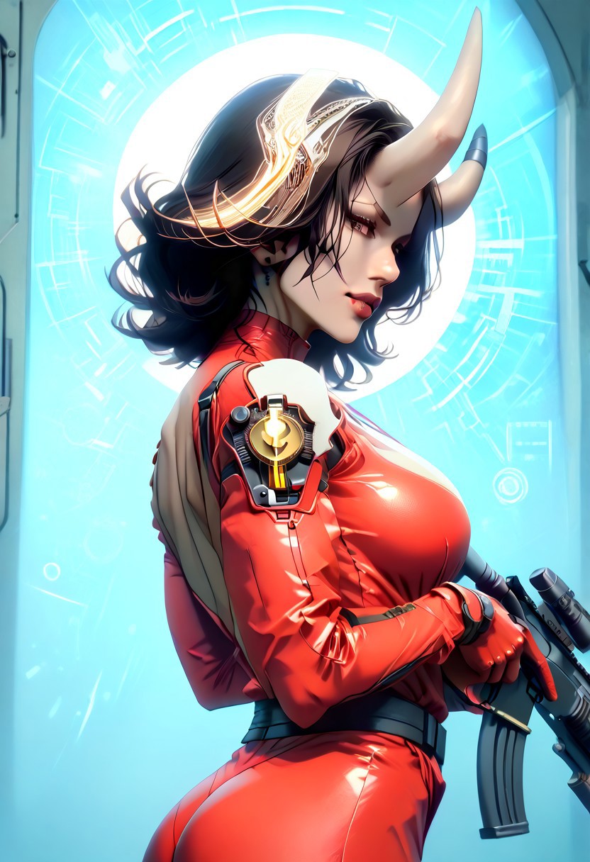 score_9, score_8_up, score_7_up, score_6_up, , demon, horns, futuristic, scifi, plugin, red latex, metal shoulder pads with a yellow stripe on the sides, (metal shin and foot protection), (black joggers: 1.2), large breasts, solo, medium hair, (yellow:blue:0. 4) hair color, hair over one eye, gloves, ass, beautiful ass, beatiful face, 
body 3/4, Foreshortening 3/4, body view 3/4, BREAK,  a Shotgun,ho1ding-weap0n, 1girl, holding rifle
 in hands, shotgun at waist level, weapon shoots, flash, shoots sparks, weapon shoots, BREAK, g0thicPXL, grin, technology, glowing, neon, holographic display, synozic style, gray skin, masterpiece, best quality, high  detail, professional lighting, half side view,Foreshortening 3/4,