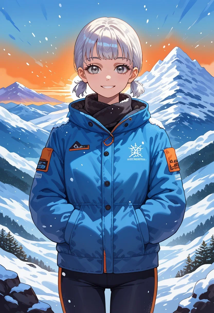 score_9, score_8_up, source_anime, 1girl, solo, white hair, short pigtails, gray eyes, from front, blue snow jacket, black snow pants, orange skiis, mountain, snowy day, sunshine, smile, looking at viewer, Freebo_alloy, abstract