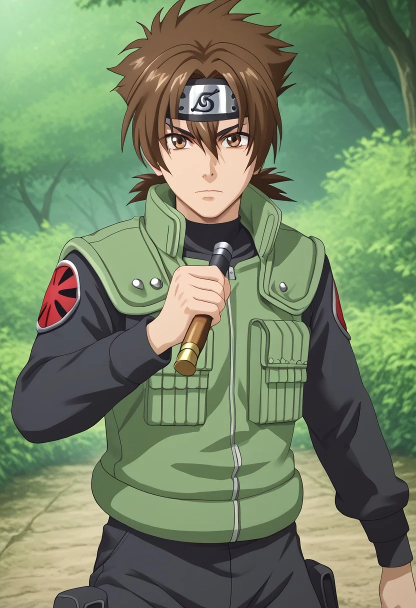 Masterpiece, best quality, high quality, highres, 4k, detailed face, Expressiveh, bmbplora, issei_hyoudou, brown hair, brown eyes, hair between eyes, Green Flak Jacket, Leaf Forehead Protector, solo, headband, holding weapon,