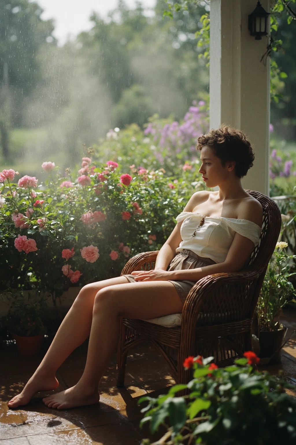 high quality photo of a shy woman, around 30, in an off-the-shoulder top and a short skirt sits on a wicker chair on a veranda surrounded by a multitude of water-drenched flowers, a delicate mist from steaming plants hangs in the air, it is just after the rain, the light falling from the side casts long shadows on the veranda and on the woman's silhouette, the woman is thoughtful and nostalgic, she has short curly hair cut on the sides, no make-up, natural skin, she is barefoot