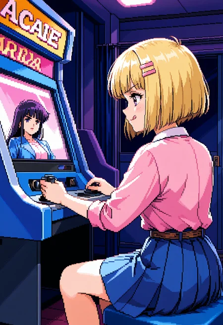 <lora:tomoyo3:0.8>t0m0y0,short hair,blunt bangs,blonde hair,pink shirt,collared shirt,belt,blue skirt,blue jacket,v-shaped eyebrows,pose,concentrating,licking lips,indoors,arcade,arcade cabinet,sitting,playing games,from side,from behind,retro artstyle,pixel art, very awa, masterpiece, best quality, amazing quality, very aesthetic, absurdres, sensitive, newest <lora:spo_sdxl_10ep_4k-data_lora_webui:0.7>,