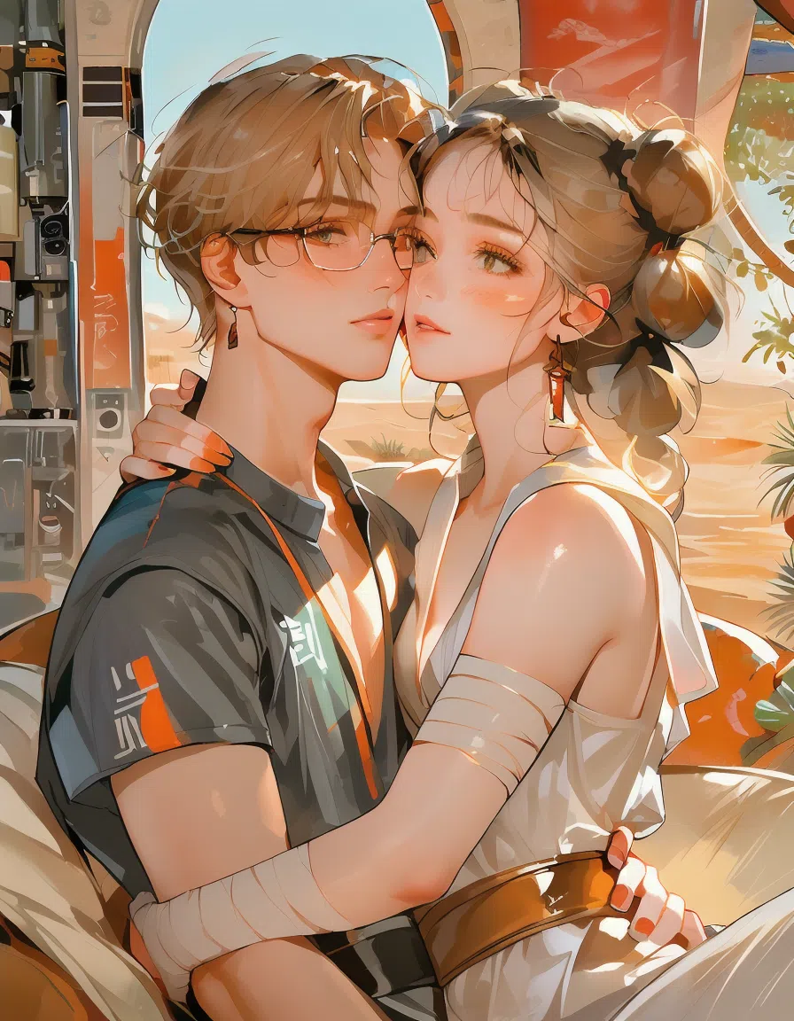 score_9, score_8_up, score_7_up, score_6_up, score_5_up, score_4_up, (girl and boy), detailed background, ultra-detailed, indoors 
BREAK, 
((1girl), beautiful woman, beauty's, cute, beautiful petite girl, earrings, makeup for girl, eyeliner, blushing, detailed face, sexy, breasts, long_hair, bangs, wearing, slip dress, nail polish)
BREAK,
((1boy), handsome young man, wearing t-shirt, wearing eyeglasses, korean man)
BREAK, 
happy, couples, anime, source_anime, Couple, 1girl, 1boy, asian, korean, idols, couples focus, arm around neck, hugging, lipstick marks on man
BREAK,
, Rey, Star Wars, Light brown hair, Wavy hairstyle, Fair skin, Hazel eyes, Triple bun hairstyle, Toned physique, Simple, practical clothing, Wears wrist wraps, Scavenger attire, Desert-weathered look, sleeveless, jedi, white cloth, white pants, bandages,