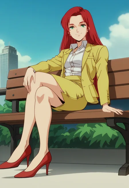 score_9, score_8_up, score_7_up, score_6_up, anime screencap, anime coloring, <lora:G0080CMV1_epoch_8:0.9>, G0080CM, red hair, green eyes, long hair, breasts,
suit, yellow jacket, open jacket, collared shirt, yellow skirt, pencil skirt,
high heels, red footwear, 
looking at viewer, smile, crossed legs, bench, sitting, hand on own knee,
BREAK outdoors, sky, blue sky, sunbeam, cityscape,