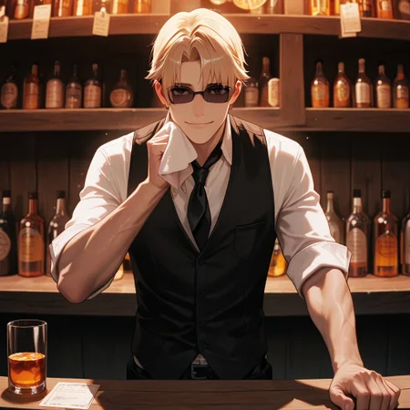 masterpiece, best quality, amazing quality, absurdres, newest, detailed background, definition so sharp, Ultra-HD, 8K cinematic, very awa, impressionate, amazing quality, highres,
solo, male focus, manly,
1boy, short hair, izumo_blonde, izumo_brown eyes, izumokusanagi, sunglasses \(pushed up\), bartender uniform, white shirt, black vest, rolled sleeves, wiping glass, warm lighting, cozy bar, wooden counter, bokeh, subtle glow, relaxed, inviting, professional, looking at viewer, gentle smile,