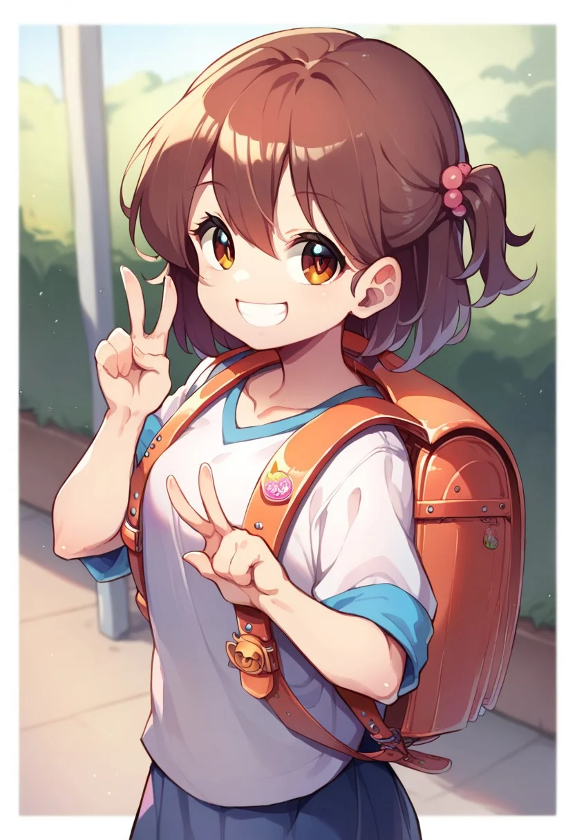 score_9,score_8_up,score_7_up, 1girl, moli, v, smile, backpack