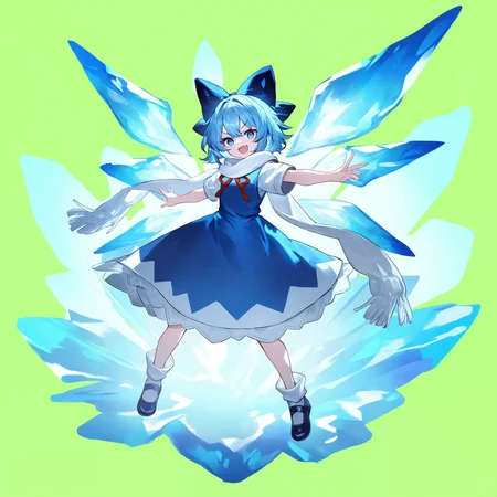 ,cirno, 1girl, solo, looking at viewer, smile, open mouth, short hair, blue eyes, simple background, shirt, dress, bow, hair between eyes, blue hair, white shirt, full body, short sleeves, :d, hair bow, wings, shoes, socks, fang, black footwear, scarf, red ribbon, v-shaped eyebrows, blue dress, blue bow, white socks, outstretched arms, skin fang, green background, blue footwear, ice, white scarf, spread arms, fairy, ice wings, detached wings,<lora:TestTestTest!\uuzan\Uuzan_Style_NBV1.safetensors:0.95:0.95>,,masterpiece,best quality,newest,absurdres,highres,very awa,detail background <lora:None:0.9500000000000002>