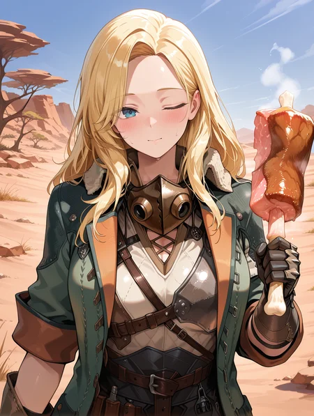 female hope armor, 1girl, solo, blonde hair, blue eyes, blush, one eye closed, looking at viewer, holding boned meat, upper body, simple background, green jacket, white shirt, brown gauntlets, brown mouth mask,camping,nature,wildness,desert,rock,tree,
masterpiece,best quality,amazing quality,very aesthetic,absurdres,newest,<lora:MHWilds hope armor illuXL v1:0.8>,