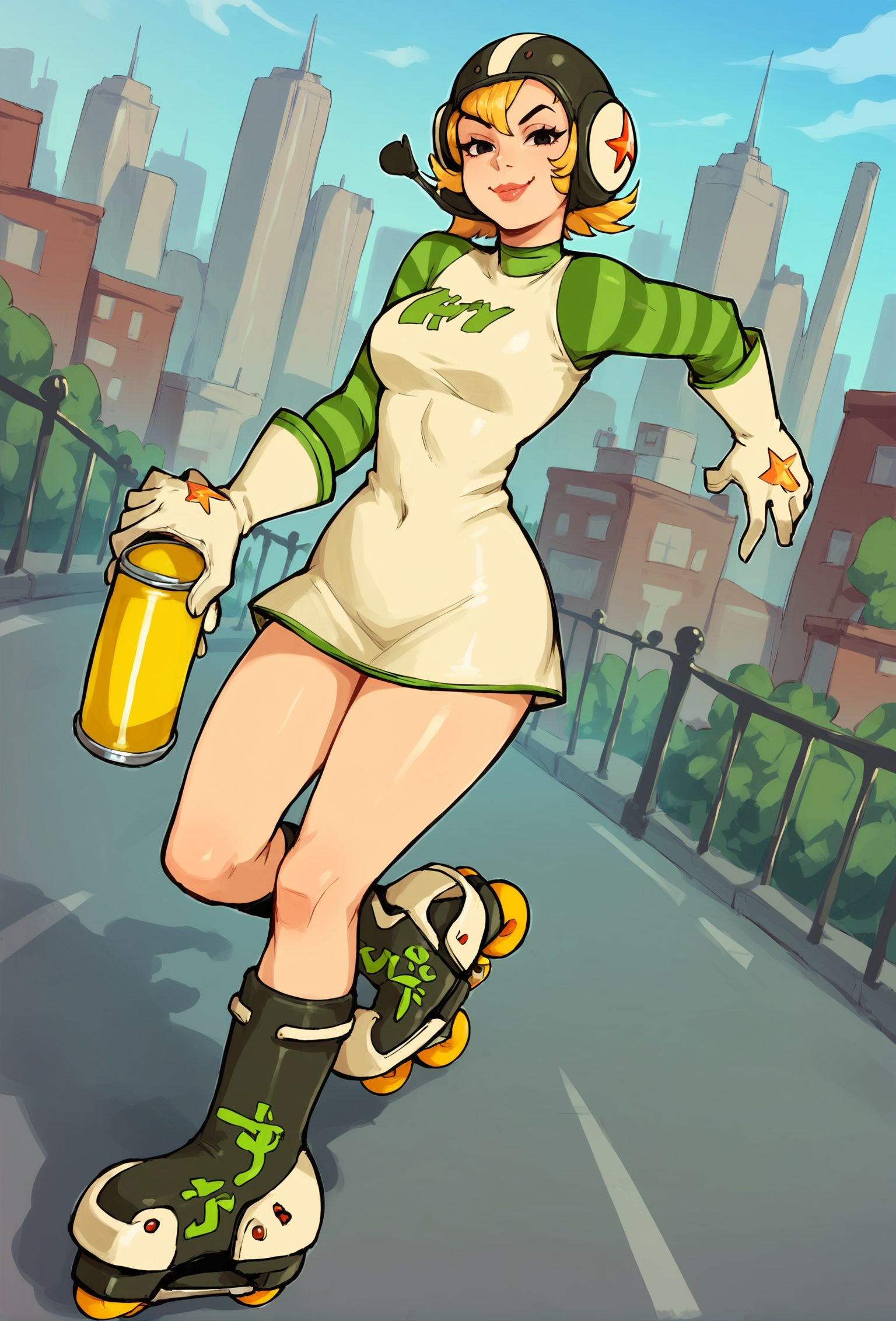 score_9, score_8_up, 1girl, solo, jsrgum, helmet, blonde hair, black eyes, white gloves, striped sleeves, outdoors, city, blurred background, detailed background, lipstick, running, roller skates, holding spray paint can, looking at viewer, short dress, smirk, smug, closed mouth, from side, dutch angle <lora:GumSDXL:0.80>