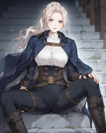 zPDXL3, score_9_up, score_8_up, score_7_up, (Anime_source),Masterpiece, perfect female body, small waist, incredibly detailed, slim, beautiful fingers, beautiful white skin, Beautiful clear skin, (large breasts) <lora:Charlize_Ronan_-_The_Taming_of_the_Tyrant_PONY-Kaleid:1> charlize ronan, blue eyes, 1girl, white hair, long hair, ponytail, pants, black pants, coat, belt, jacket, cape, fingerless gloves, knee boots, looking at viewer, from above, big breasts, ass, perfect ass, sitting in stone stairs, facing viewer, spread legs,
