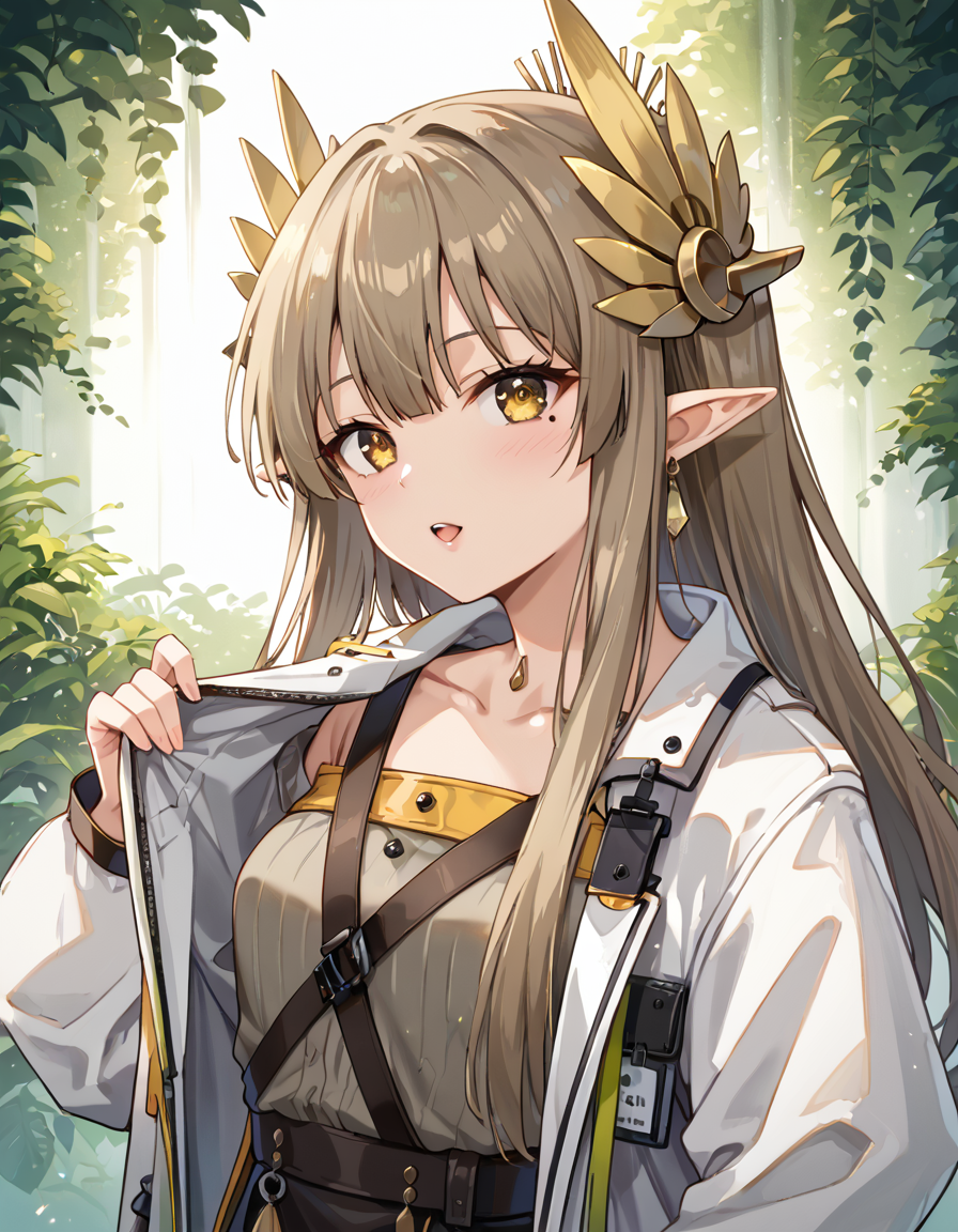 (masterpiece), (best quality), (ultra-detailed), masterpiece, source_anime, score_9, score_8_up, score_7_up BREAK, illustration, disheveled hair, detailed eyes, perfect composition, moist skin, intricate details, earrings, by wlop, Volumetric Lighting, masterpiece, source_anime, score_9, score_8_up, score_7_up BREAK, light depth, dramatic atmospheric lighting, Volumetric Lighting, Mumu, long hair, brown hair, yellow eyes, pointy ears, mole, collarbone BREAK, Mumubase, open clothes, white jacket, open coat, Mumu_hair_ornament, Mumu_coat
