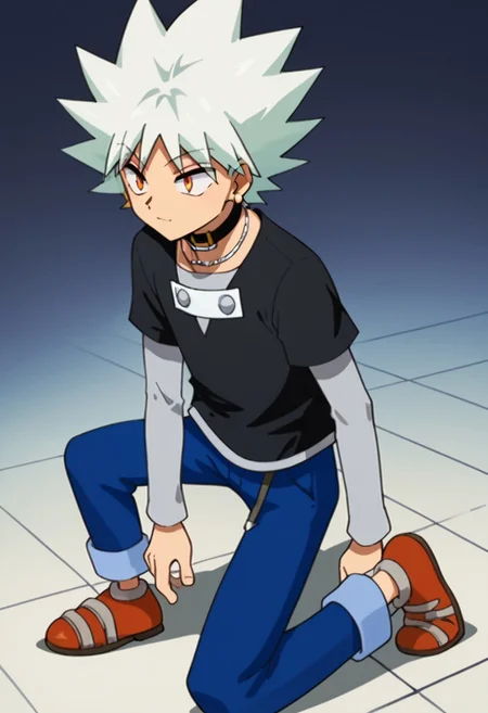 score_9, score_8_up, score_7_up, score_6_up, highly detailed,Good Colors, Glowing Skin, Good Shading, Good Eyes, Contrast Shading, 1boy,cute boy, male focus, solo, slim,
heppokomaru, white hair, spiky hair, orange eyes, golden earring, choker, silver necklace, black t-shirt, blue pants, orange shoes, 1boy, from behind