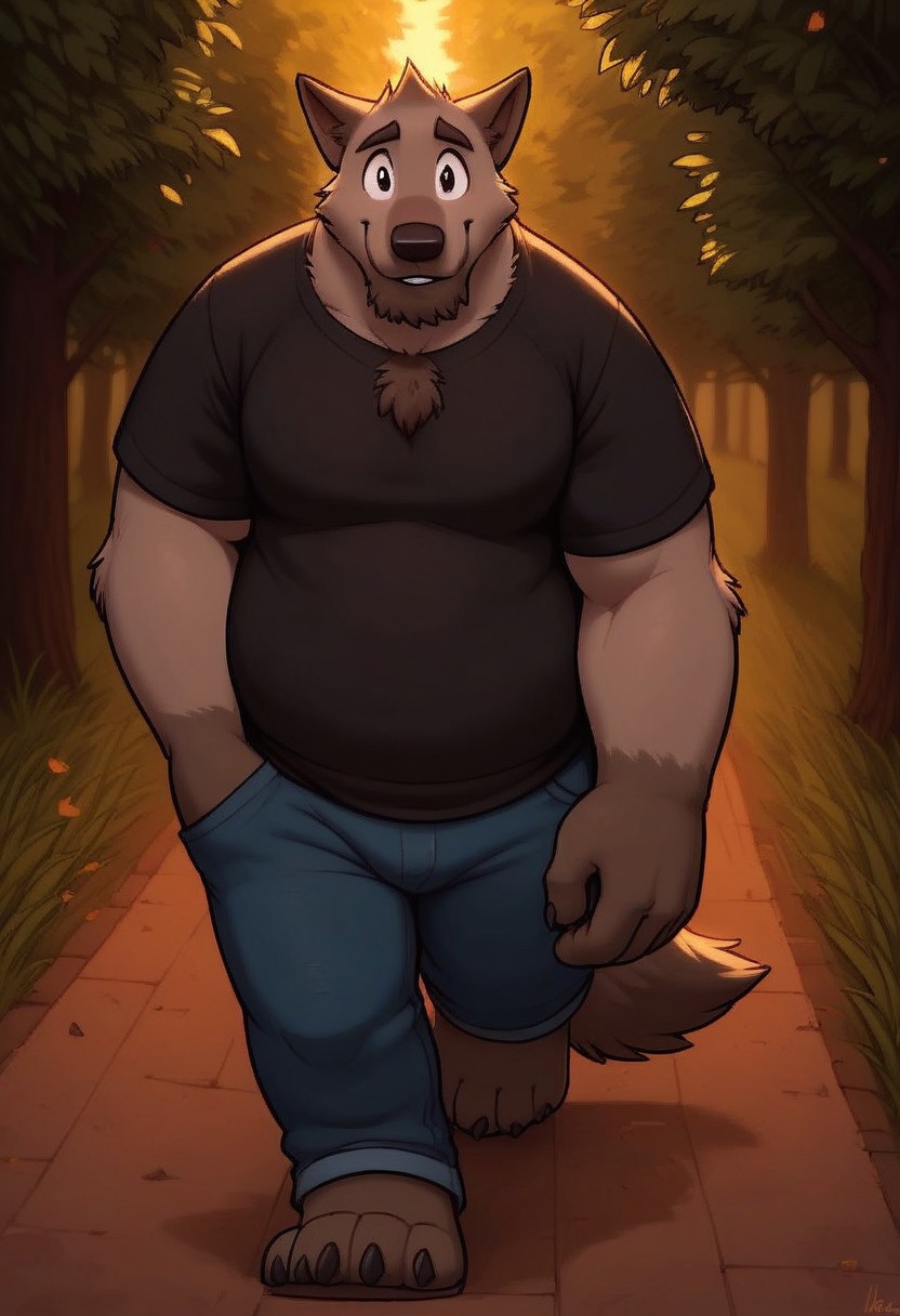 score_7, score_8, score_9, dynamic lighting, detailed background, background is park, trees, walking path, benches, sunny, (close up), cowboy shot,
BREAK 
Solo, 1 male, single male, anthro, furry male, male wolf, Doug, grey fur, animal nose, black eyes, black hands, black feet, feet claws, chest fur tuft, black wolf tail, pointy ears, chubby, tall, big hands,
BREAK 
standing, looking at viewer, smiling, shy, jeans, black t shirt, hands in pockets