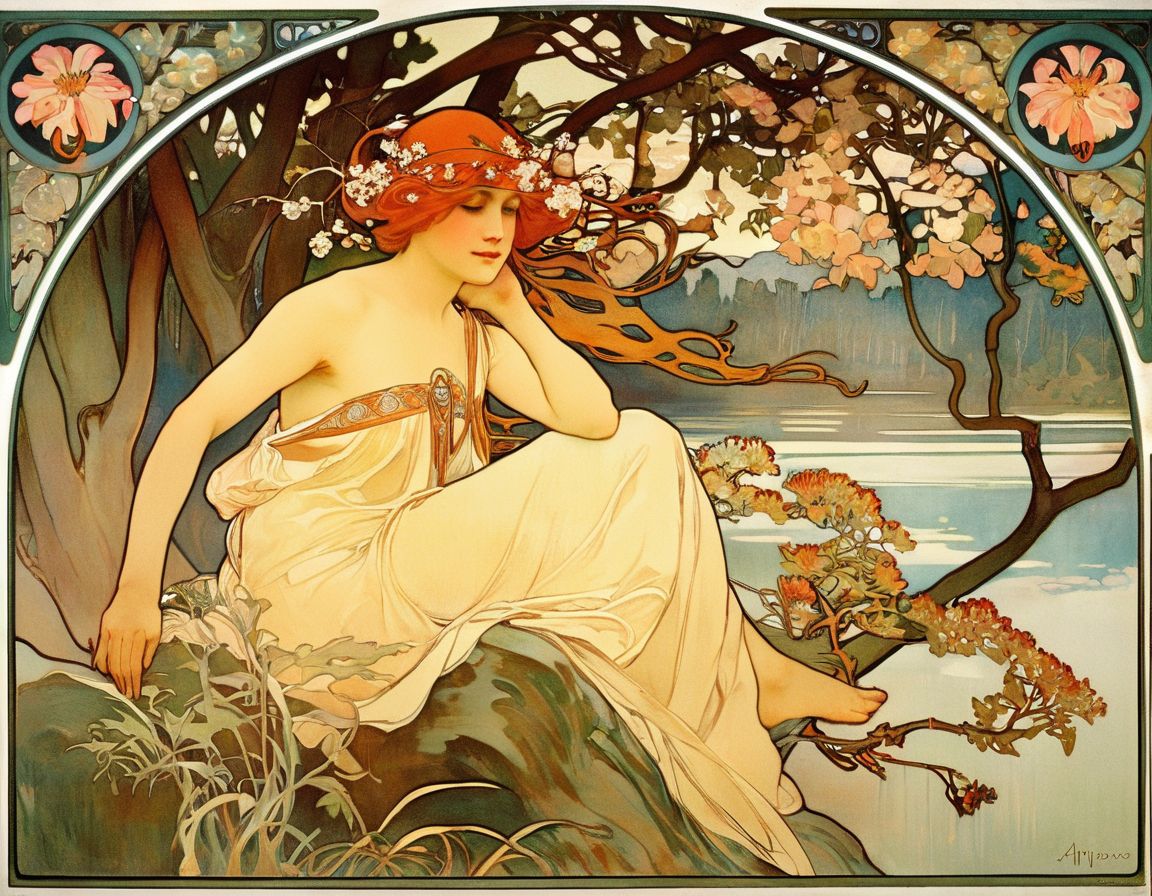 a painting of a woman in a forest by AlfMch, tree, flower, river, alphonse mucha, art nouveau, <lora:mucha_XL:0.7>