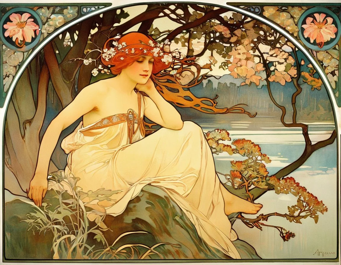 a painting of a woman in a forest by AlfMch, tree, flower, river, alphonse mucha, art nouveau, <lora:mucha_XL:0.7>