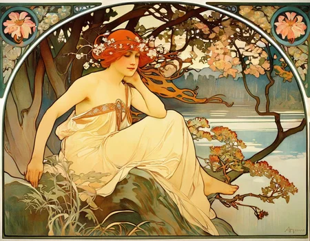 a painting of a woman in a forest by AlfMch, tree, flower, river, alphonse mucha, art nouveau, <lora:mucha_XL:0.7>