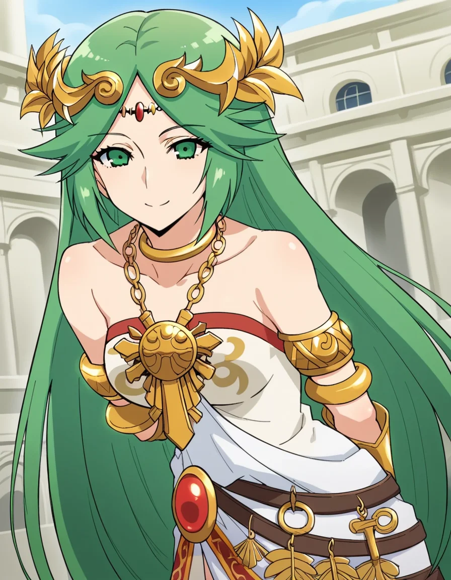 score_9, score_8_up, score_7_up, source_anime, <lora:palutena-trailer-ponyxl-lora-nochekaiser:1>, palutena, long hair, bangs, very long hair, green eyes, green hair, parted bangs,, dress, bare shoulders, jewelry, necklace, white dress, strapless, tiara, strapless dress, armlet, neck ring, gold,, minaret, tall, mosque, call to prayer, holy, smile, hands behind back, bent over,, looking at viewer, solo,, dutch angle, cowboy shot