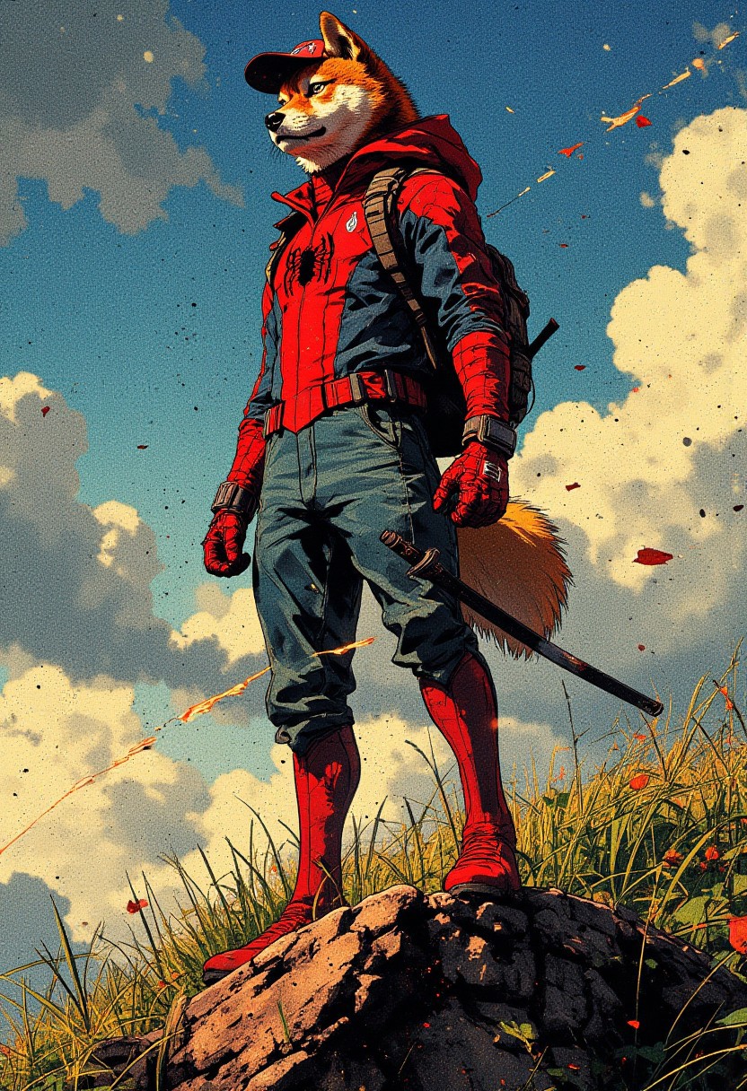 An anime portrait of Doge, the famous Shiba Inu meme dog, depicted in a casual, adventurous setting. He wears a Spider-Man cosplay costume, its vibrant red and blue colors contrasting with the rugged environment. The suit clings to his body, showcasing the sleek, futuristic design, while a baseball snapback cap sits atop his head, adding a modern and casual touch. The katana is removed, and instead, Doge carries a rugged backpack slung over his shoulders, ready for his next adventure. Doge stands firmly on a rugged stone outcrop amidst a wide, grassy plain, his posture strong and steady. A powerful gust of wind sweeps through, rustling the tall grass around him, making the leaves and his fur float in the air. The background shows a cloudy sky with occasional sun rays breaking through, creating an epic, adventurous atmosphere, emphasizing Doge’s lone, wandering nature.