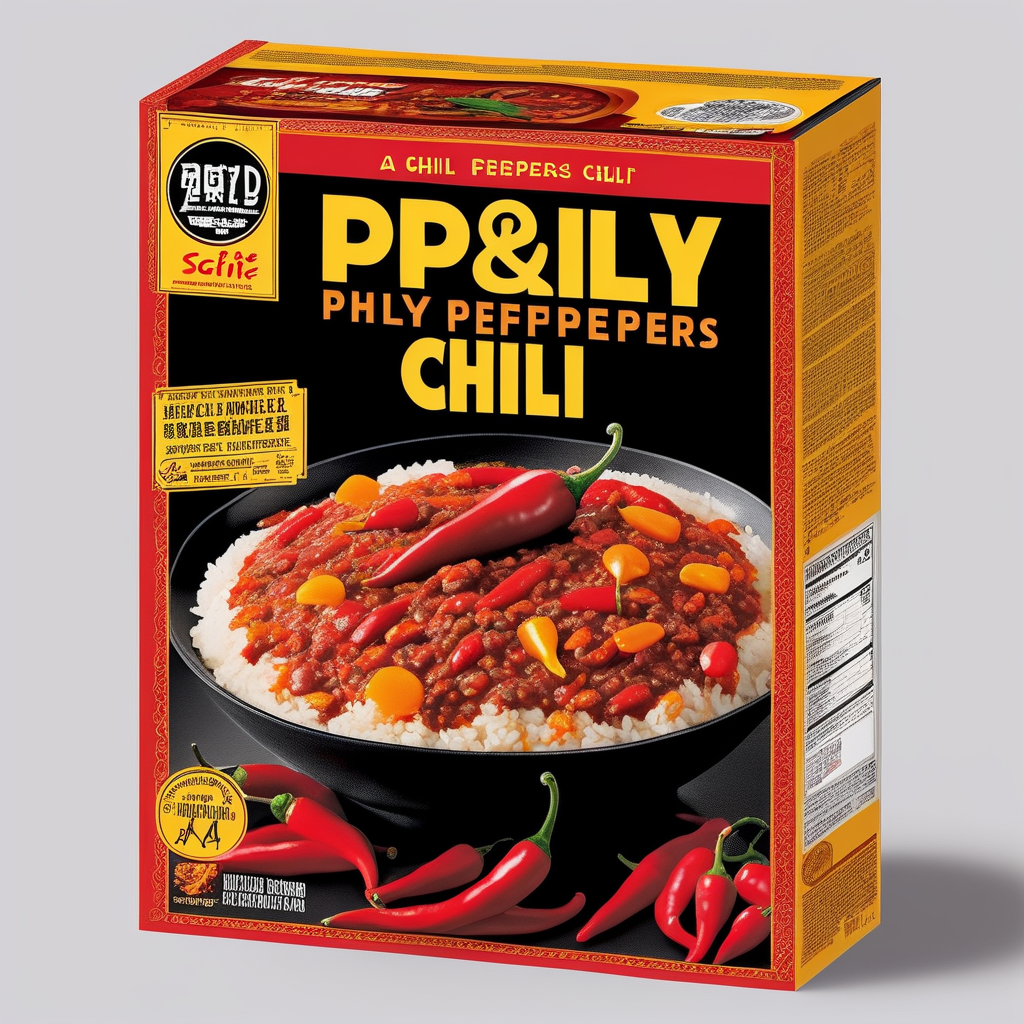 A packaging box designed for a chili sauce and stir-fried rice cooking kit. The box should be vibrant and eye-catching, using colors that evoke spiciness and warmth, such as reds, oranges, and yellows. The product name, 'Spicy Chili Stir-Fry Rice Kit,' should be prominently displayed in English on the front of the box. Imagery of chili peppers, a wok with stir-fried rice, and a bottle of chili sauce could be included to visually represent the contents. The design should also leave space for nutritional information, cooking instructions, and a barcode, <lora:tlbv1:0.55>