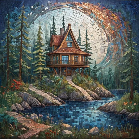 island house in boreal forest biome, ArsMJStyle, Mosaic art <lora:ArsMJStyle_-_Mosaic:1>