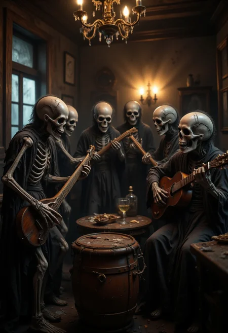 A group of skeletons playing musical instruments in a haunted ballroom, their bones rattling as they perform an undead symphony.
  , aidmaHalloweenBoost, aidmafluxpro1.1, aidmaimageupgrader, aidmaHyperrealism