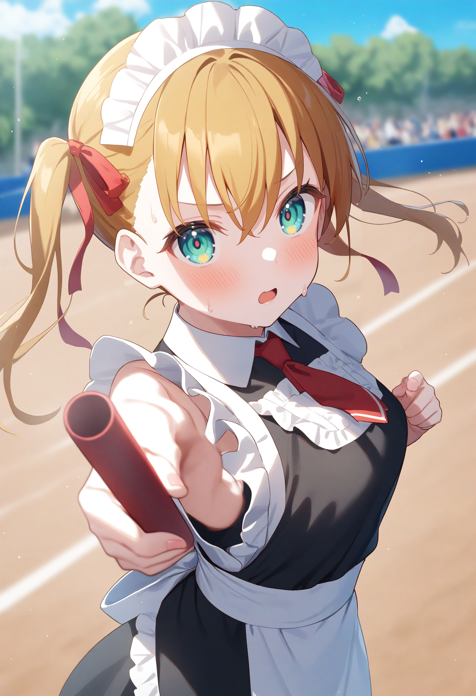 1girl,sincos, ningen mame, toosaka asagi,solo,medium breasts,20yo,maid,maid headdress,
relay baton, holding,day, outdoors, sports festival, red headband,running, sweat, <lora:relaybaton_XL_v1:0.8>
from above, upper body, looking at viewer, blonde hair, green eyes,expressionless,  open mouth, quad tails hair,,
best quality, very aesthetic, absurdres