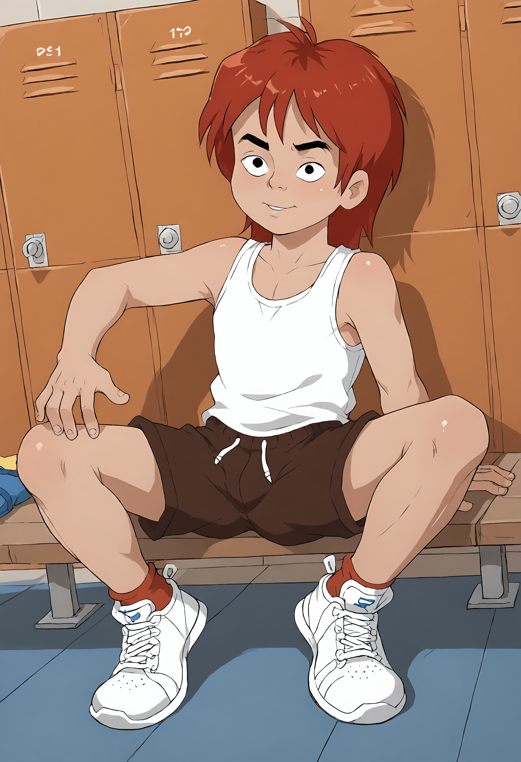 score_9, score_8up, score_7up, score_6up, score_5up, score_4up, dynamic angle, dutch angle, locker room, source_cartoon, rating_safe, BREAK
solo, male, cro_magnon, red hair, black eyes, white tank top, shorts, sneakers, BREAK
 <lora:Cro_the_Cro-Magnon_-_Cro_-_PDXL:.8>, <lora:Anti_Dev_Style_PonySDXL:.6> antidev <lora:Hotcha:.6> hotcha <lora:Rayray_Sparkling_Bunny_Style:.6>