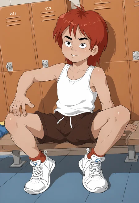 score_9, score_8up, score_7up, score_6up, score_5up, score_4up, dynamic angle, dutch angle, locker room, source_cartoon, rating_safe, BREAK
solo, male, cro_magnon, red hair, black eyes, white tank top, shorts, sneakers, BREAK
<lora:Cro_the_Cro-Magnon_-_Cro_-_PDXL:.8>, <lora:Anti_Dev_Style_PonySDXL:.6> antidev <lora:Hotcha:.6> hotcha <lora:Rayray_Sparkling_Bunny_Style:.6>