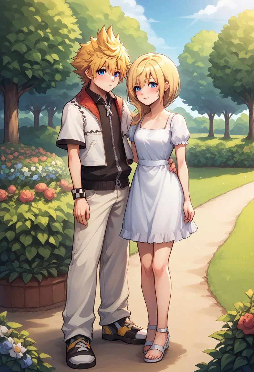 score_9, score_8_up, source_anime, highly detailed, 1girl, 1boy,
namine, 1girl, blonde hair, blue eyes, dress, sundress, BREAK
roxas, roxas, 1boy, zipper, spiked hair, blue eyes, jewelry, blonde hair, pants, short sleeves,
outdoor, garden, blush, posing for a photo,
