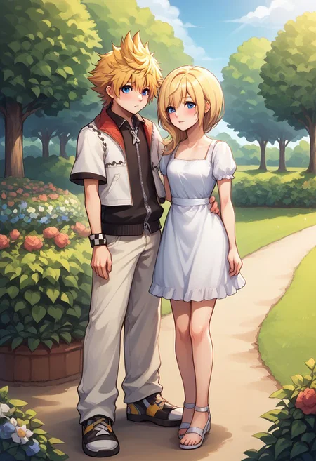 score_9, score_8_up, source_anime, highly detailed, 1girl, 1boy,
namine, 1girl, blonde hair, blue eyes, dress, sundress, BREAK
roxas, roxas, 1boy, zipper, spiked hair, blue eyes, jewelry, blonde hair, pants, short sleeves,
outdoor, garden, blush, posing for a photo,