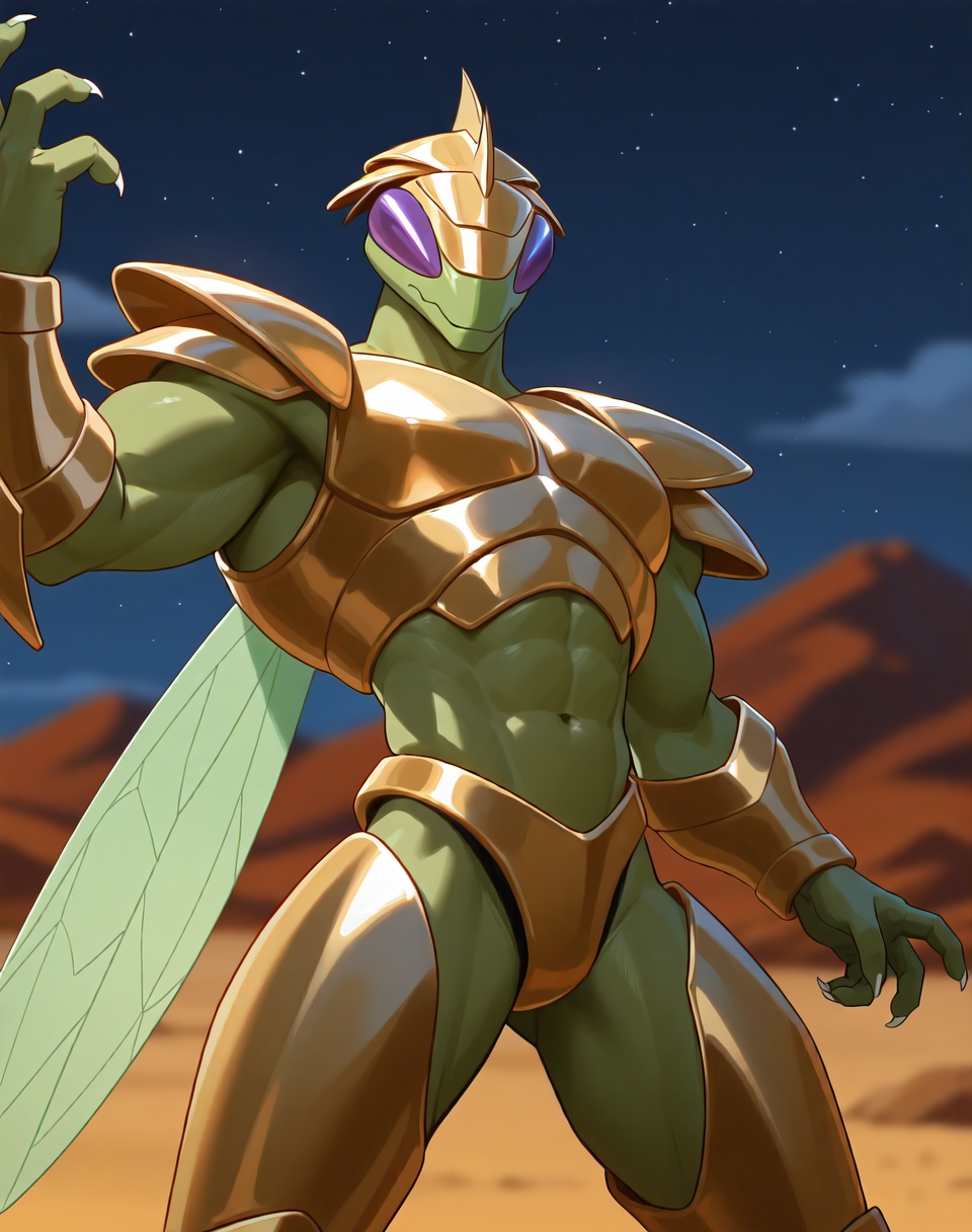 <lora:Hyper_Katris_(Shinzo)_(Illustrious)_(AD):1> Hyper Katris, mantis, Shinzo, 
((
exterior, anime night sky, anime mountains, bent leg, cowboy shot, 
dynamic action, insect anthro, male focus, strong warrior, manly, bounty hunter, villain, glossy gold armor, green body, manly, masculine, glitter armor, handsome, dashing good looks, arm flex, 
)),
BREAK: very awe, aesthetically pleasing, masterpiece, best quality, amazing quality, very aesthetic, perfect depth of field shot, gradient coloring, subsurface reflections, source_furry, furry_art, 
masterpiece, best quality, amazing quality, very aesthetic, high resolution, ultra-detailed, absurdres, newest, scenery, {Prompt}, BREAK, detailed background, volumetric lighting,
BREAK: lazympos, lazypos (3),