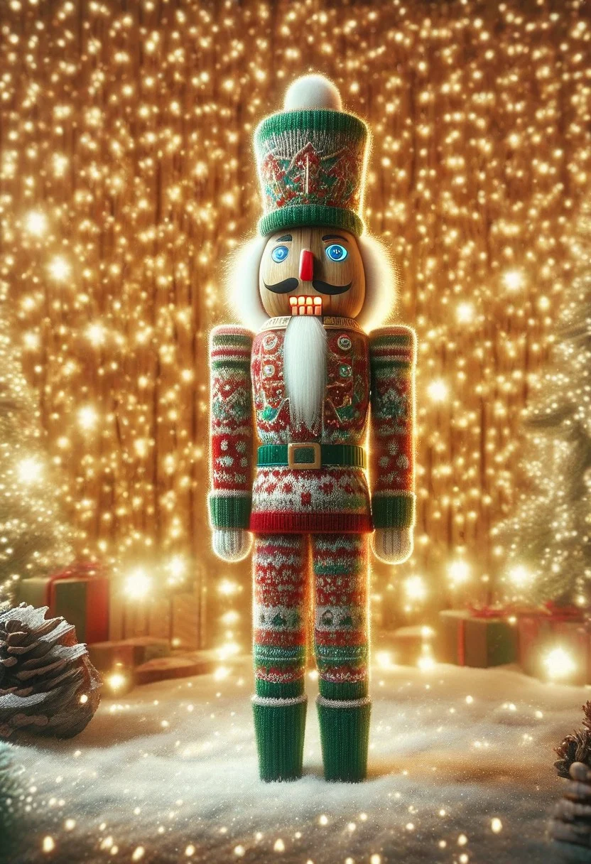 (nutcracker, toy soldier), (cute, glowing:1.3), (christmas_sweater on, intricate, (blur Eyes, hat, boots, gloves, belt, highly detailed, high contrast, film grain:0.8), wooden, (full body, christmas lights, forest background:1.23), safe_pos