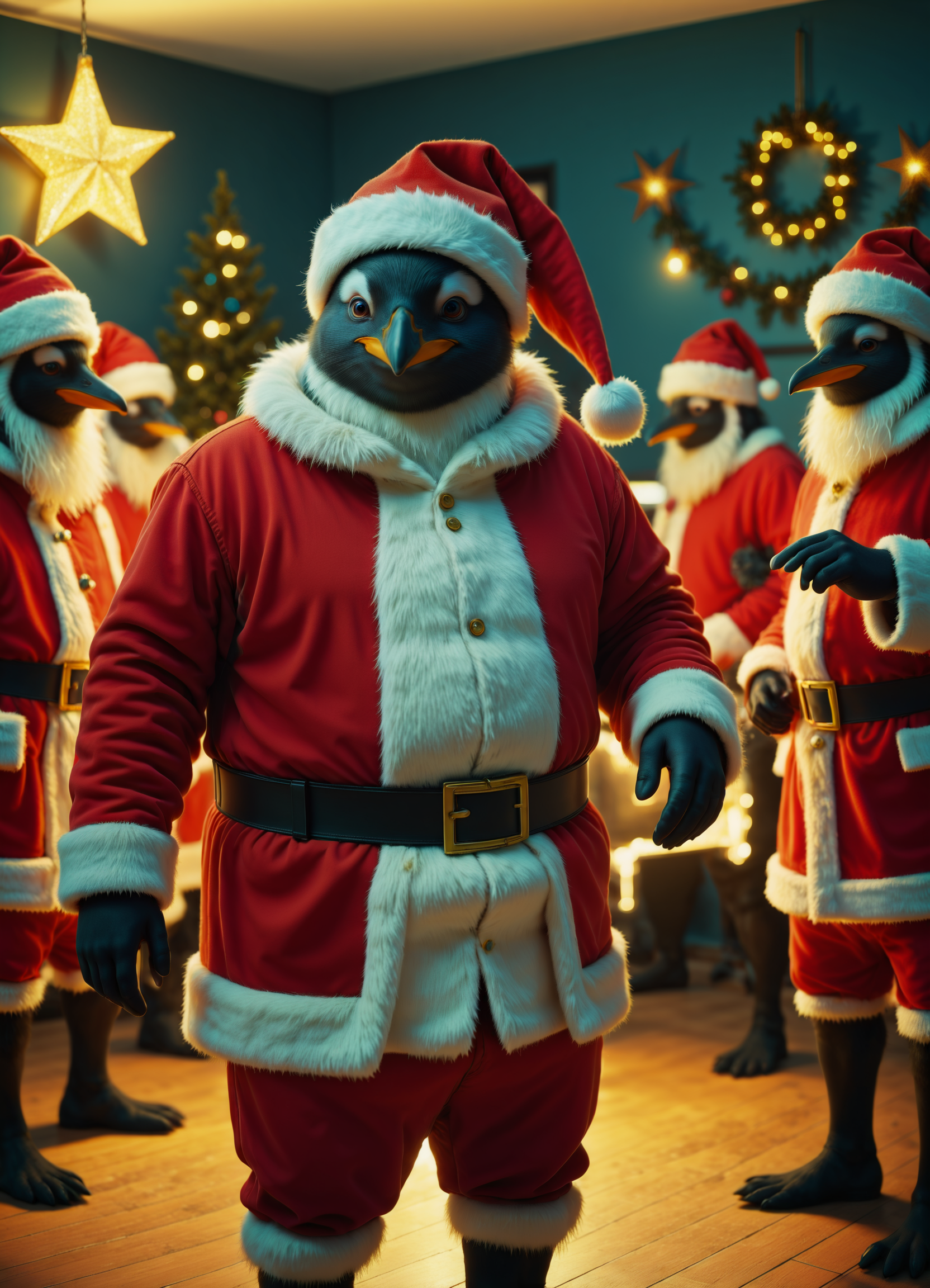 <lora:Santa_Penguin_SDXL:1> s4nt4p3ngu1n, santa hat,santa suit, at a  (dance party:1.5) <lora:envyStarlight_v10:0.8> <lora:add-detail-xl:1> <lora:sss:0.8> subsurface scattering, sss