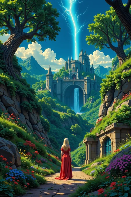 fantasy dungeon beautiful  landscape, day, woman, very intricate, very detailed, sharp, bright, colorful, <lora:Hand v2:0.5> <lora:Anti-Blur:1><lora:Insane Detail Slider:0.25>  <lora:flux.1_lora_flyway_Epic-detail_v2:0.3> <lora:fluxenhancer:0.25> <lora:Anime_style:0.6> anime style