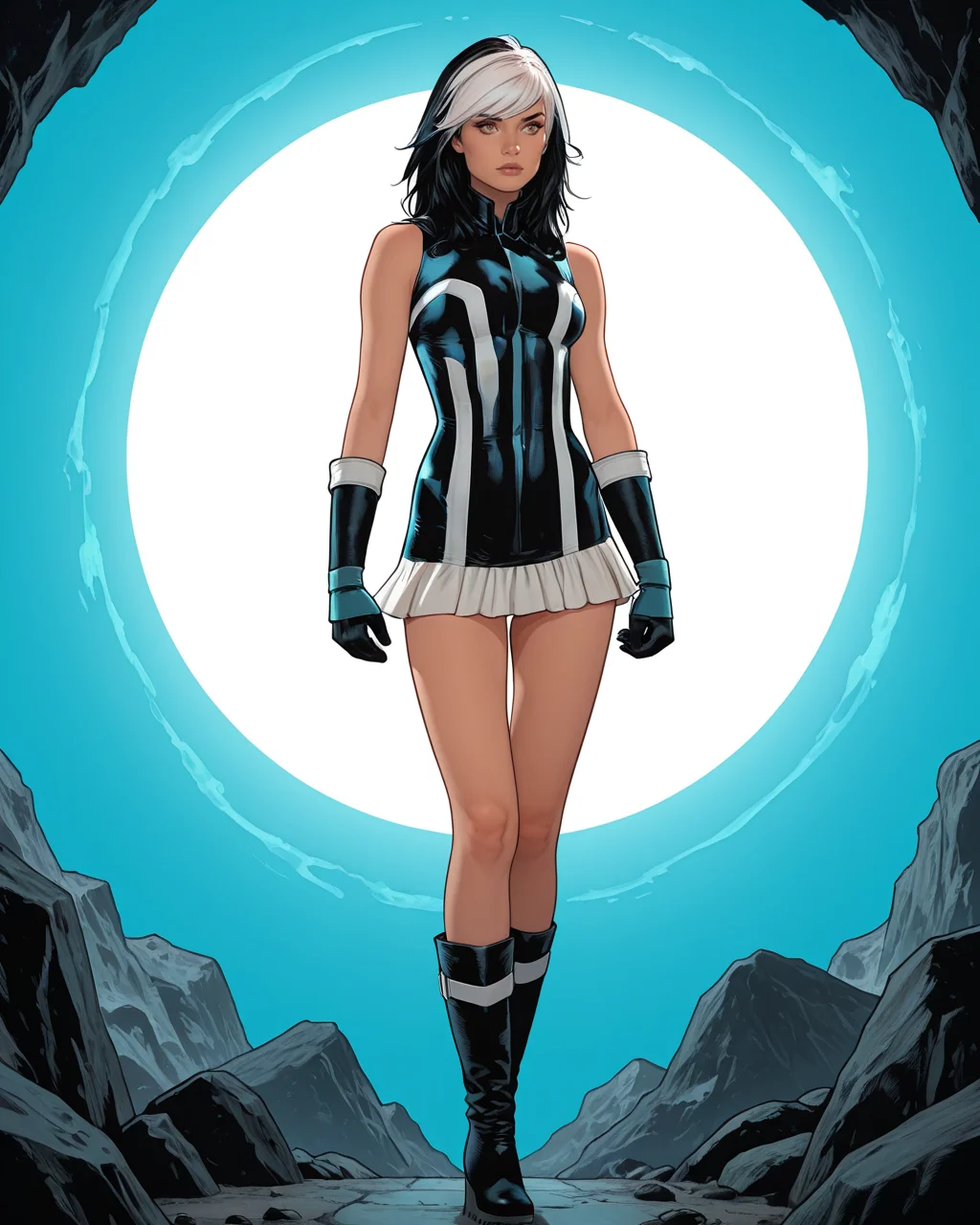 masterpiece, best quality, absurdres, perfect quality, absolutely eye-catching,   <lora:JeffSpokesIllus:1> jspokes,  <lora:EvaBellIllus:1> evabell, two-tone hair, white hair, black hair, short dress, gloves, boots