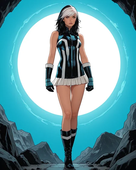 masterpiece, best quality, absurdres, perfect quality, absolutely eye-catching, <lora:JeffSpokesIllus:1> jspokes, <lora:EvaBellIllus:1> evabell, two-tone hair, white hair, black hair, short dress, gloves, boots