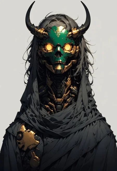 score_9,score_8_up,score_7_up, g0ldl34f, solo, 1head, forest green helmet, no humans, glowing mechanical eyes, intricate ram horns, robot, mecha, beaten brown cloak, science fiction, cyborg, mechanical parts, humanoid robot, science fiction, sinozick style, flat color, dark theme, Expressiveh, l0g0, simple background