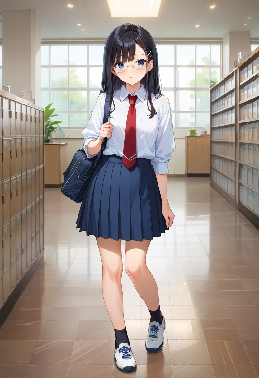 score_9, score_8_up, score_7_up, rating_safe, masterpiece, best quality, absurdres, unity 8k wallpaper, official art, official style, source_anime, uncensored, game cg, megami magazine,
1girl, solo, glasses, black hair, long hair, blue eyes, collared shirt, red necktie, pleated skirt, blue skirt, looking at viewer, blush, 
getabako, scenery, window, calendar (object), indoors, school, door, hallway
 <lora:gakkou_getabako_PONY_V1:1>