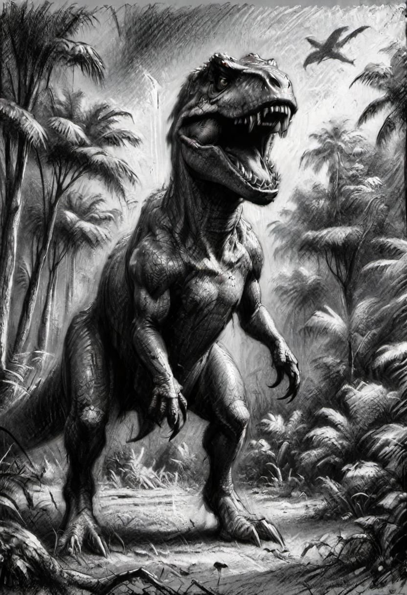 (masterpiece), 
A t-rex, jurassic park, 
Black and white tones,
HDR, highly detailed, 32k, 
looking at viewer,
