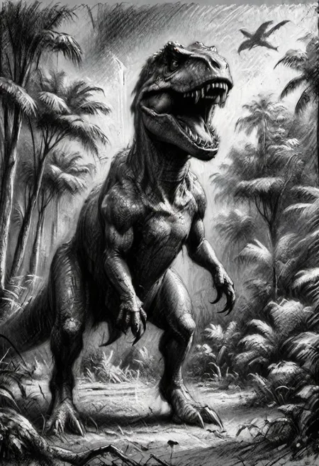 (masterpiece), 
A t-rex, jurassic park, 
Black and white tones,
HDR, highly detailed, 32k, 
looking at viewer,