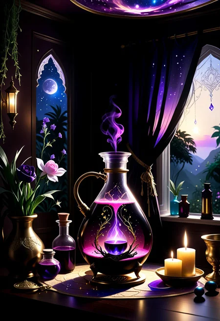 a wizard,brewing a potion in a reij-mg alchemist room, silhouette, ambient light, nature art, hexagonal , with awning embroidery, spring garden, Hurricane, Sketched, mosaic, Sepia filter, organic, detailed, deep rich colors, fine detail, luxury, cinematic, positive emotional, dark ambient light